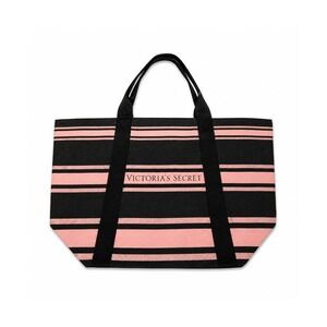 Victoria's Secret Striped Canvas Tote Bag Black Pink Rose Gold Metallic Zipper